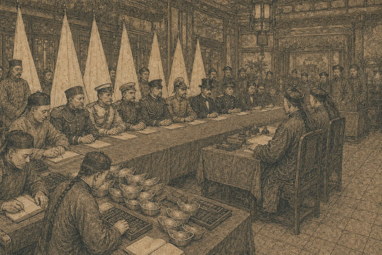 A formal Chinese reception hall used as a negotiating room: eight foreign officers and diplomats in assorted uniforms along one side of a long table, two Qing officials on the other, clerks at a side table with an abacus, silver ingots and open ledgers. Blank flags behind.