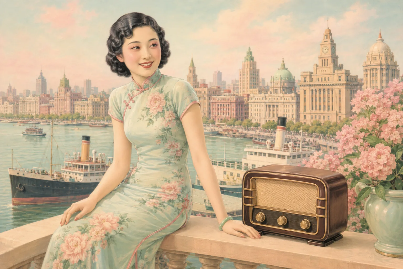 A young woman in a fitted qipao with a permanent wave, seated on a balcony railing beside a radio set and smiling out of frame, with a soft pastel river waterfront of European bank buildings behind her. Airbrushed, powder pink and mint.