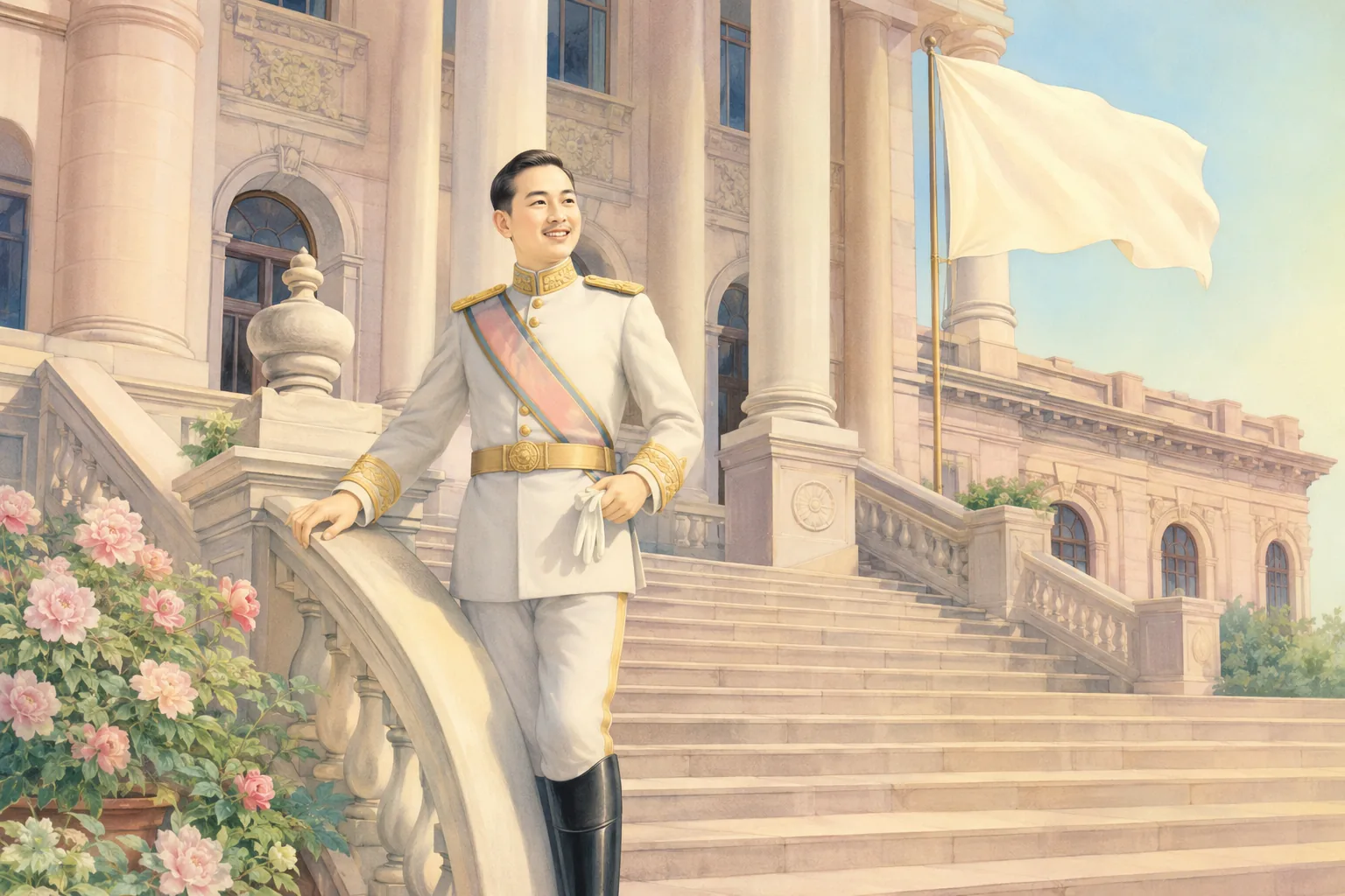 A general in an immaculate pale uniform with polished boots and a sash, standing relaxed and smiling in front of the steps of a grand public building with one hand on a stone balustrade, a blank flag on a pole above him. No troops.
