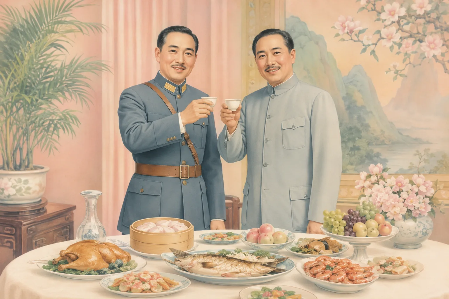 Two middle-aged men in formal dress standing side by side raising small wine cups toward each other and smiling for an unseen camera, one in a military tunic and one in a plain buttoned jacket, a table of untouched food between them. Immaculately rendered.