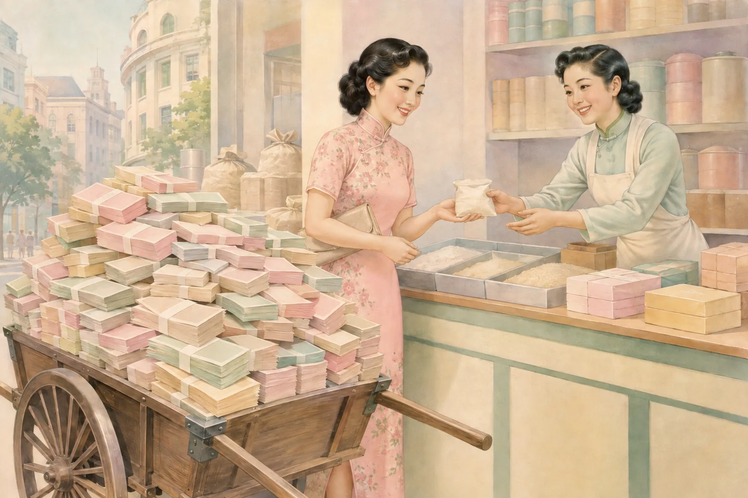 A smiling well-dressed woman at a market counter beside a wooden wheelbarrow heaped with bundled blank banknotes, receiving a small paper packet of rice from a smiling shopkeeper. Pastel, immaculate, cheerful.