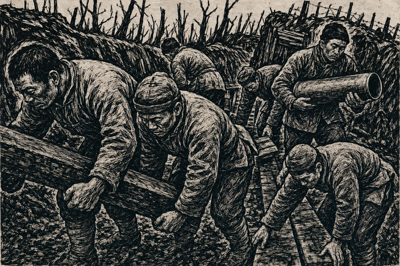 Labourers in heavy coats and puttees working in a deep muddy European trench — hauling timber, shifting duckboards, one carrying a large shell casing in both arms — with bare winter trees cut as black spikes above. Stark black-and-white relief print.