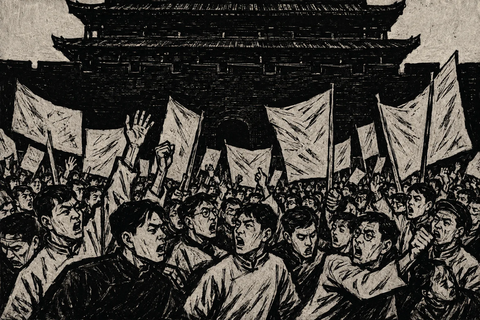A compressed mass of students outside a great city gate with arms raised and mouths open, blank banners on poles above their heads, the gate cut as a heavy black mass filling the top of the frame. Bodies packed edge to edge.