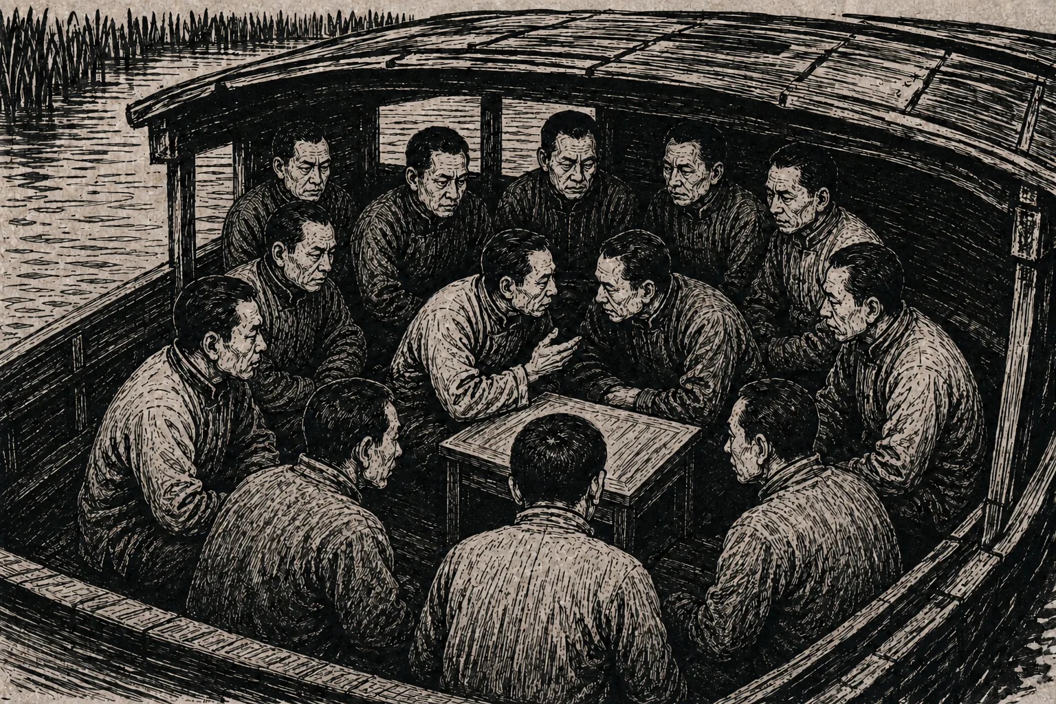 Thirteen men crowded into the low covered cabin of a small pleasure boat on flat water, seated close around a tiny table with one leaning in to speak, cut close and tight with reeds at the water’s edge. Ordinary and cramped, not heroic.