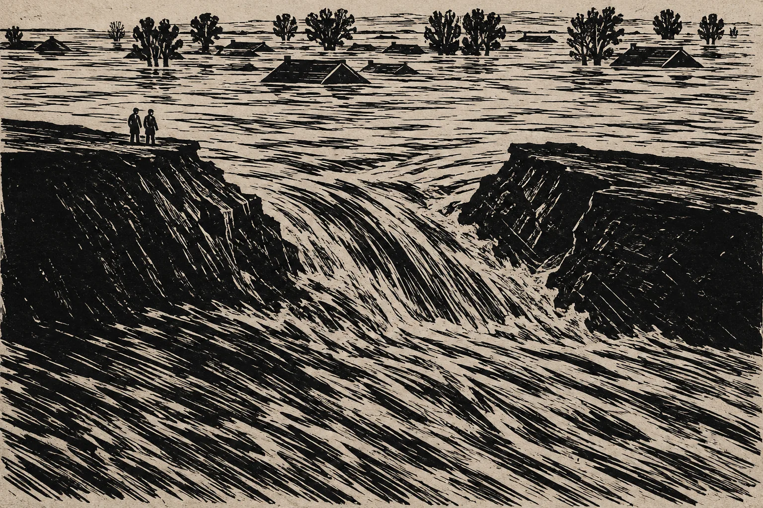 A breached earth embankment with brown floodwater pouring through it across flat farmland, the roofs of houses and the tops of trees standing out of the water beyond, and two tiny figures on a fragment of high ground. No bodies.