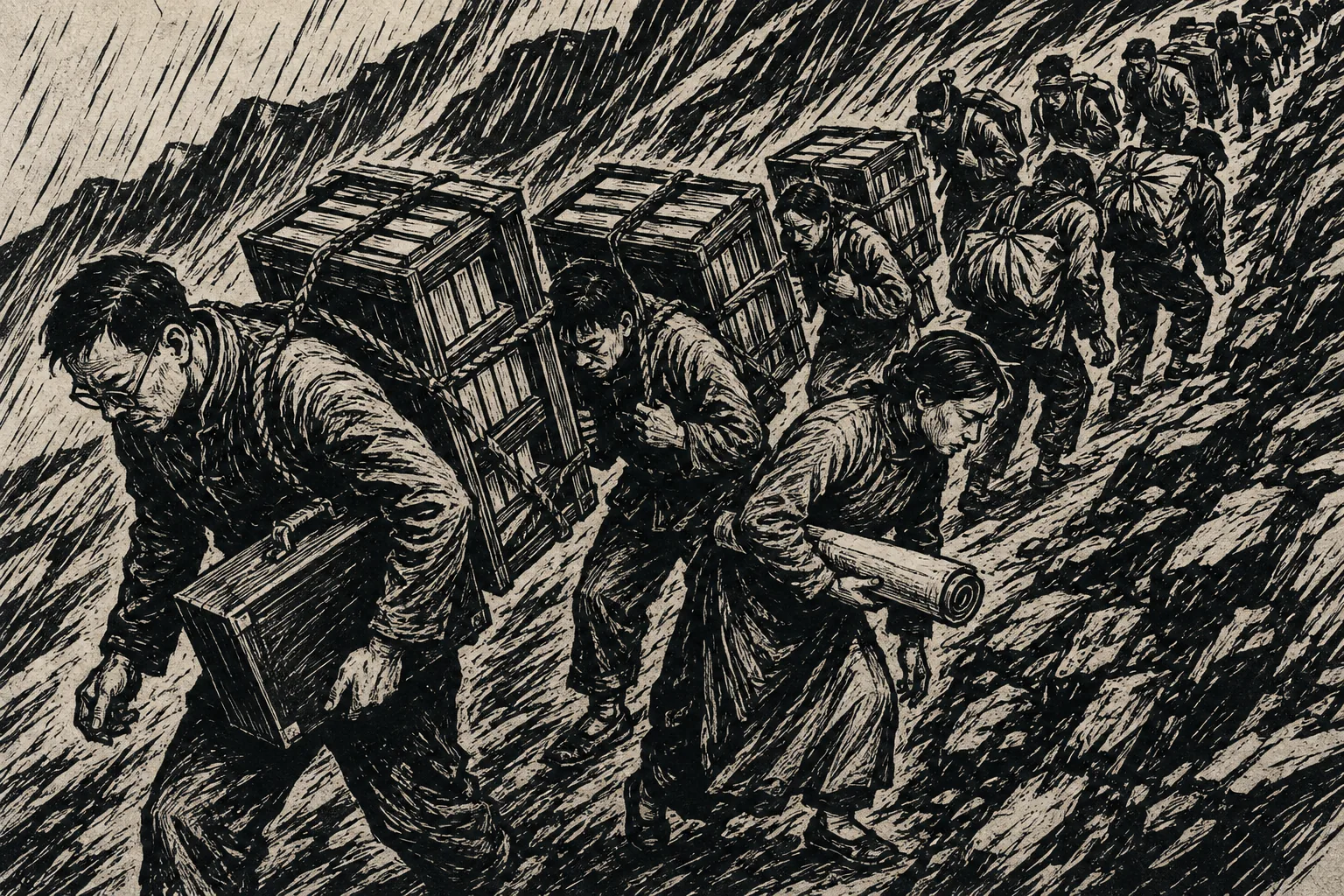 A file of people climbing a steep mountain road in the rain carrying a university: wooden crates of books roped to their backs, a man with a microscope case under one arm, a woman with a rolled map. Straining bodies, heavy black outlines.