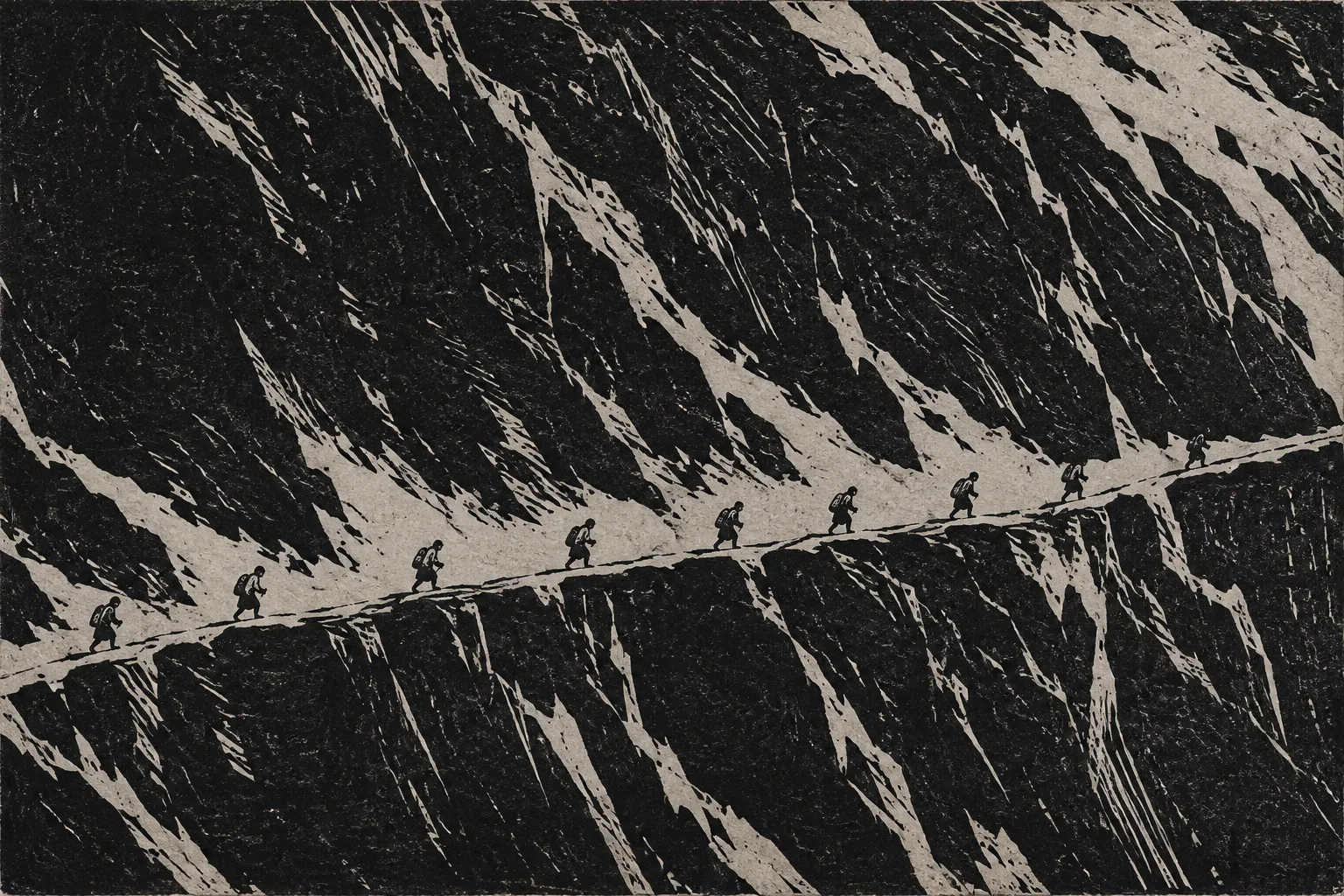 A thin ragged column of figures crossing a high snow pass in single file from one edge of the frame to the other, bent into the wind and carrying almost nothing, with most of the frame taken up by the black cut mass of the mountain.