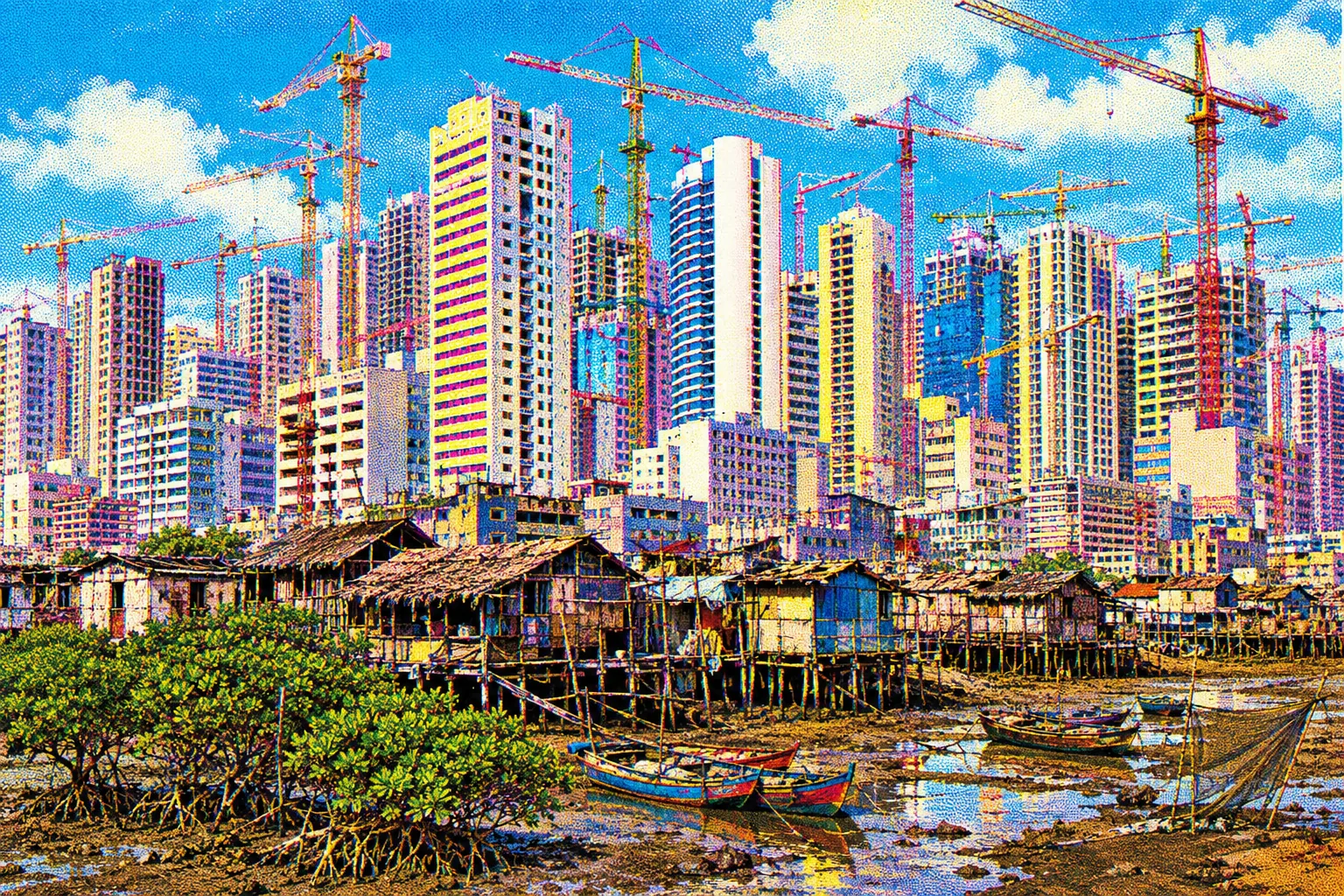 A low muddy shoreline of mangrove and fishing shacks in the foreground giving way immediately to a dense forest of new concrete towers and tower cranes, the two halves sharing the frame with no transition. Oversaturated and misregistered.