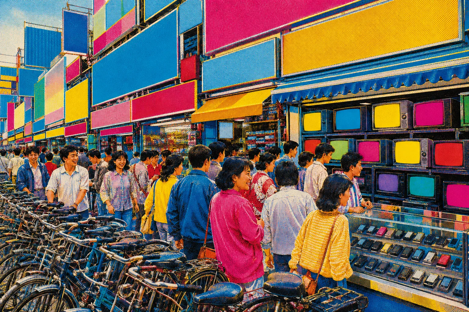 A crowded commercial street in oversaturated misregistered offset print: shopfronts stacked three signs high, hoardings on every wall, a window full of switched-on televisions, a rack of pagers under glass, bicycles four deep at the kerb. All signage blank.