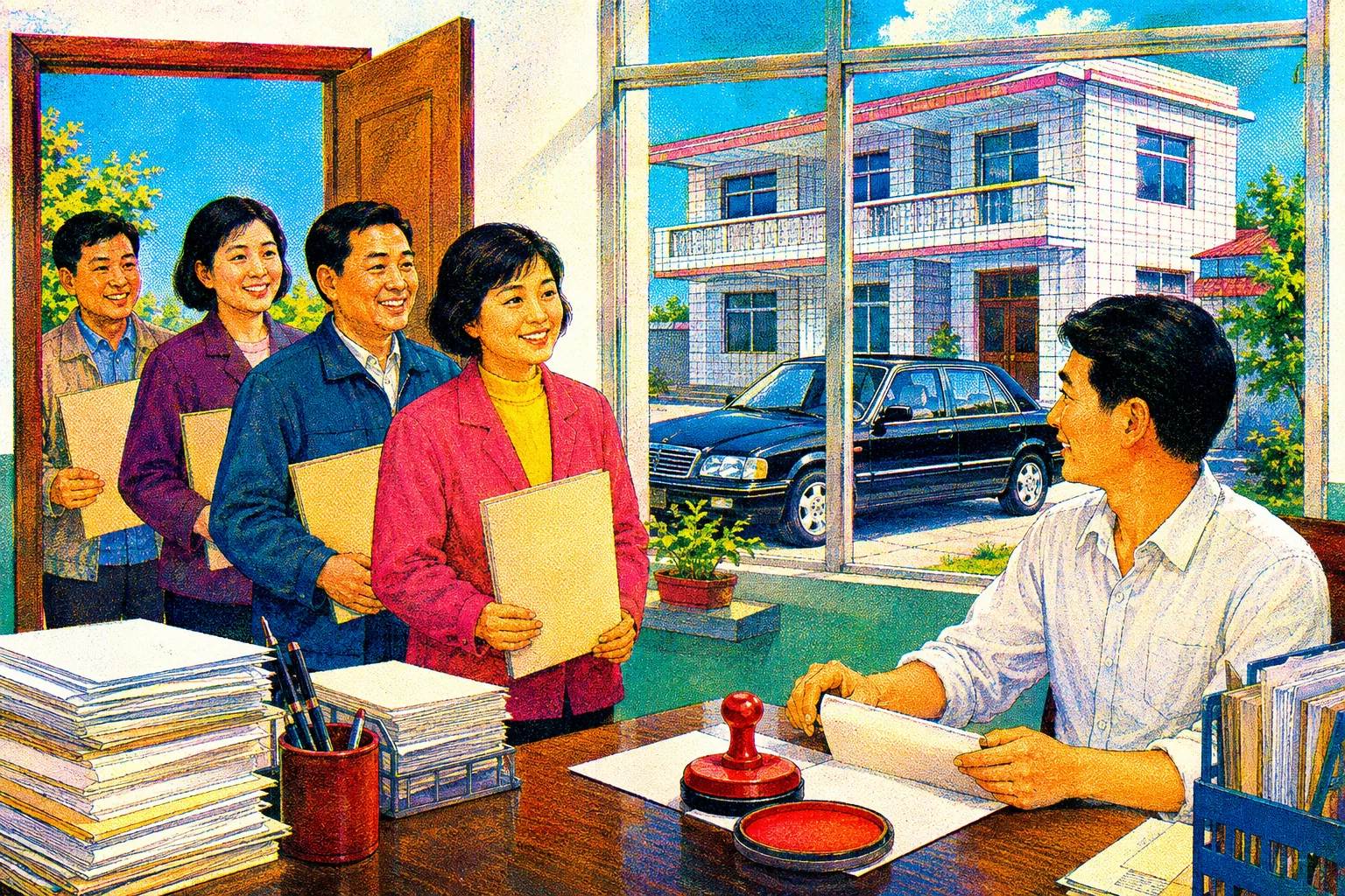 A cramped official’s office in bright cheap print: a desk with a rubber stamp and ink pad, a queue of people with folders waiting at the door, and through the window behind the desk a new black car and a new tiled house. Nobody looks worried.