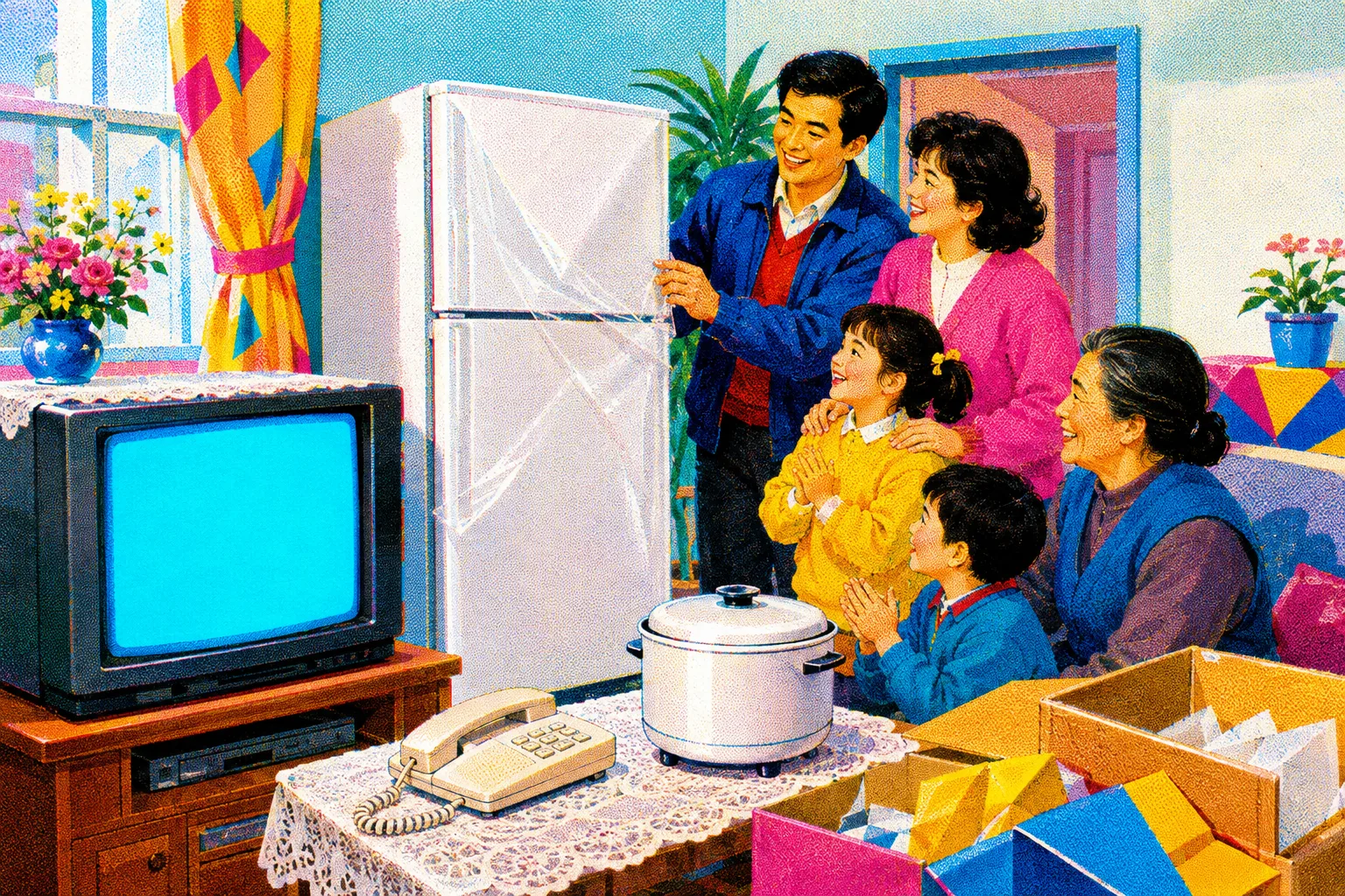 A family in a brand-new apartment: colour television on, a white refrigerator with the plastic still on the door, a telephone on a doily, a rice cooker, all new at once. Bright curtains, fresh paint, everyone pleased. Blank screens and packaging.