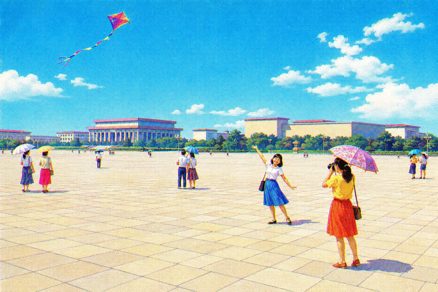 An enormous paved public square on an ordinary bright day: visitors in twos and threes with sun umbrellas and cameras, a kite in the air, a woman posing for a photograph, wide empty paving around them. No assembly, no uniforms, no vehicles.