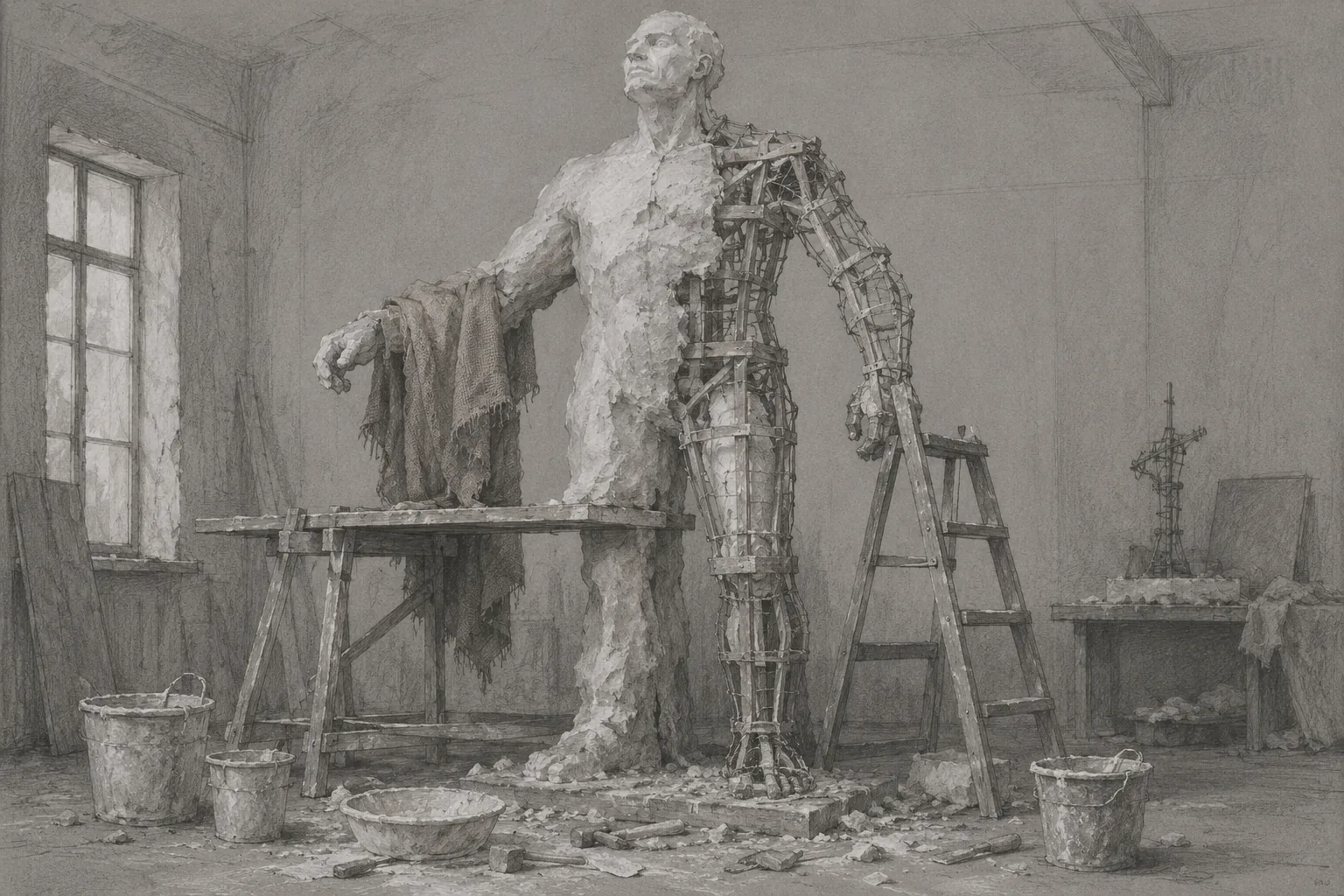 A large unfinished plaster figure standing in an art-school workshop: raw plaster over a visible timber and wire armature, scaffolding boards and a stepladder against it, tools, buckets and plaster dust on the floor. Drawn in graphite and chalk. No people.