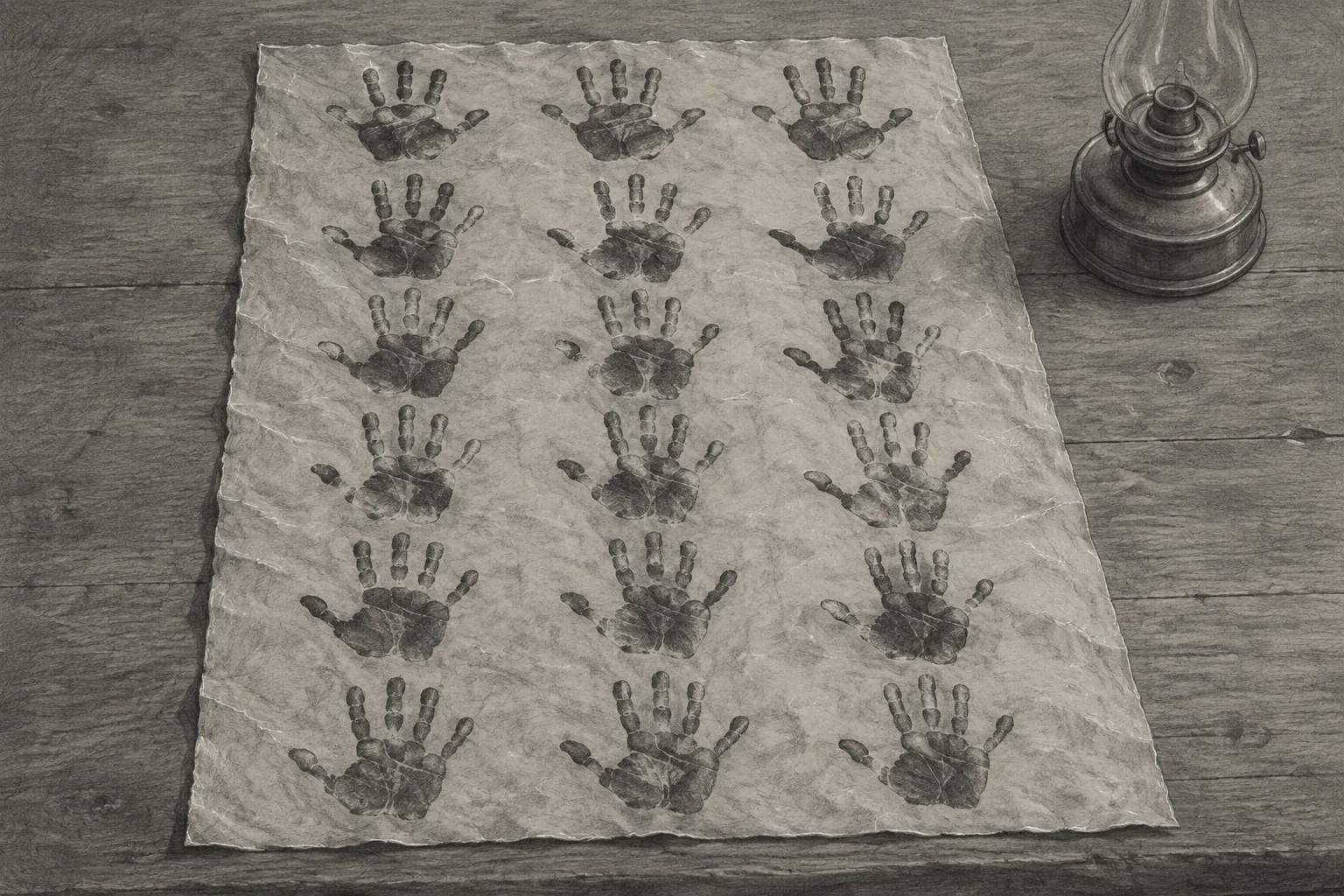 A close study of a single sheet of coarse paper on a wooden table bearing a grid of eighteen inked hand impressions, palms and splayed fingers pressed unevenly and some overlapping, with an oil lamp at the edge of the table. No writing on the sheet.