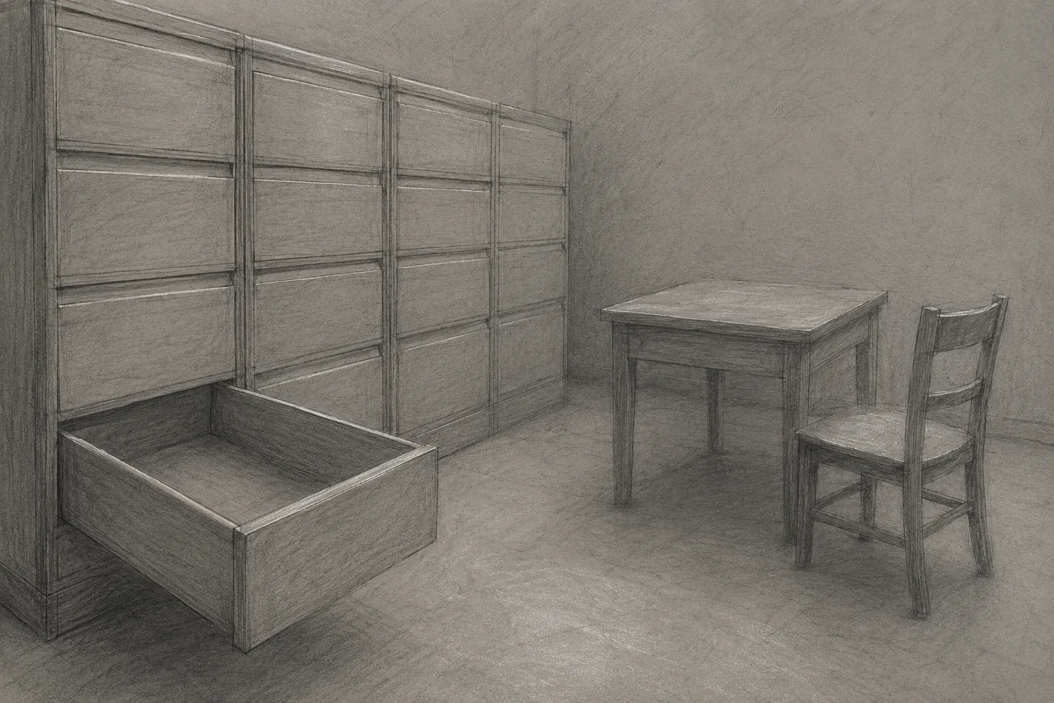 The interior of an archive room drawn in graphite and chalk: a bank of tall wooden card-index cabinets with one deep drawer pulled fully open and completely empty, a bare table beside it, an empty chair, dust. No files, no labels, no people.