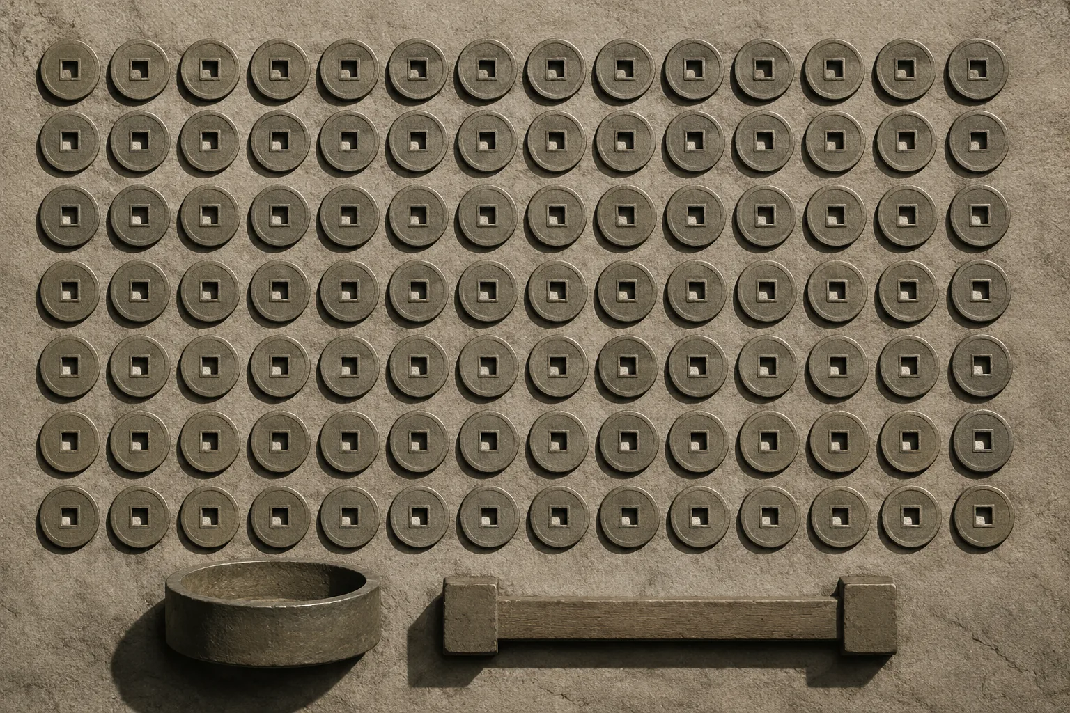 Ranks of identical round bronze coins with square central holes laid out in a strict grid on flat stone, with a plain bronze grain measure and a wooden axle gauge beside them. Every surface unmarked.