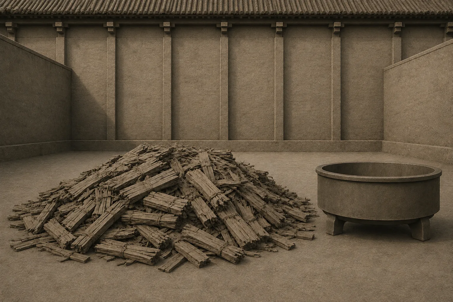 A walled courtyard of packed earth with no people in it, thousands of blank bamboo writing slips heaped in loose bundles across the flagstones, and a large empty bronze brazier standing beside the heap. Nothing is burning.