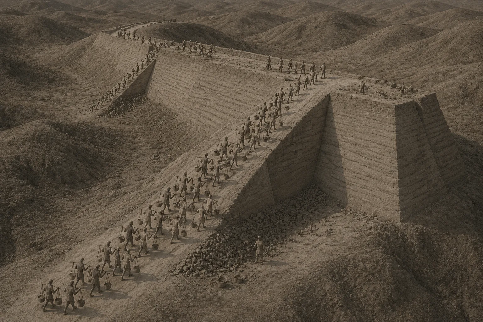 An unfinished rampart of rammed earth and rubble crossing dry hill country, seen from a distance, with long files of small identical figures carrying baskets up earth ramps on both sides. No brick and no towers.