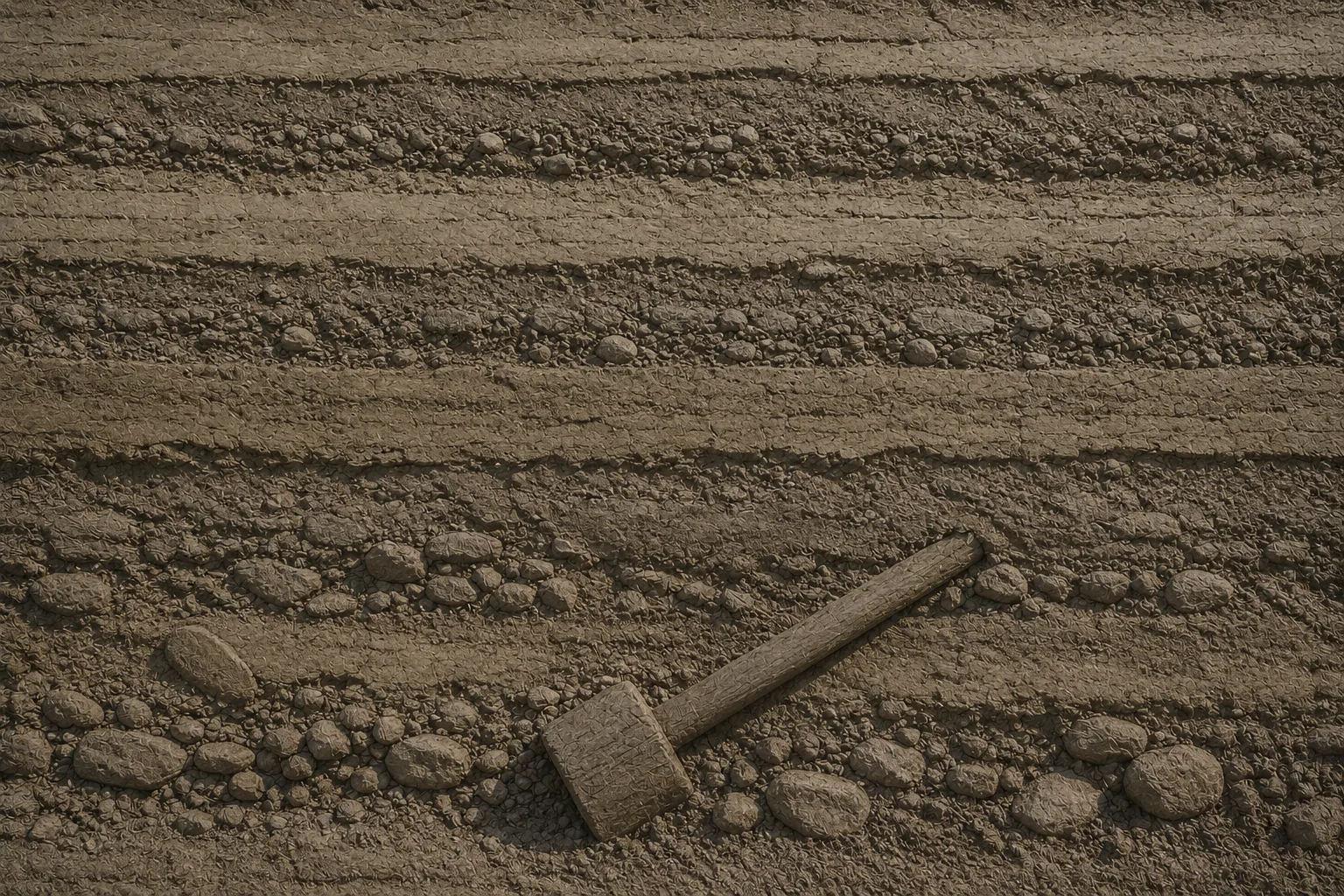 A close view of a cut-through section of rammed-earth wall showing its horizontal compacted layers of silt and stones, with a single abandoned wooden tamping tool half-buried in the fill. No figures.