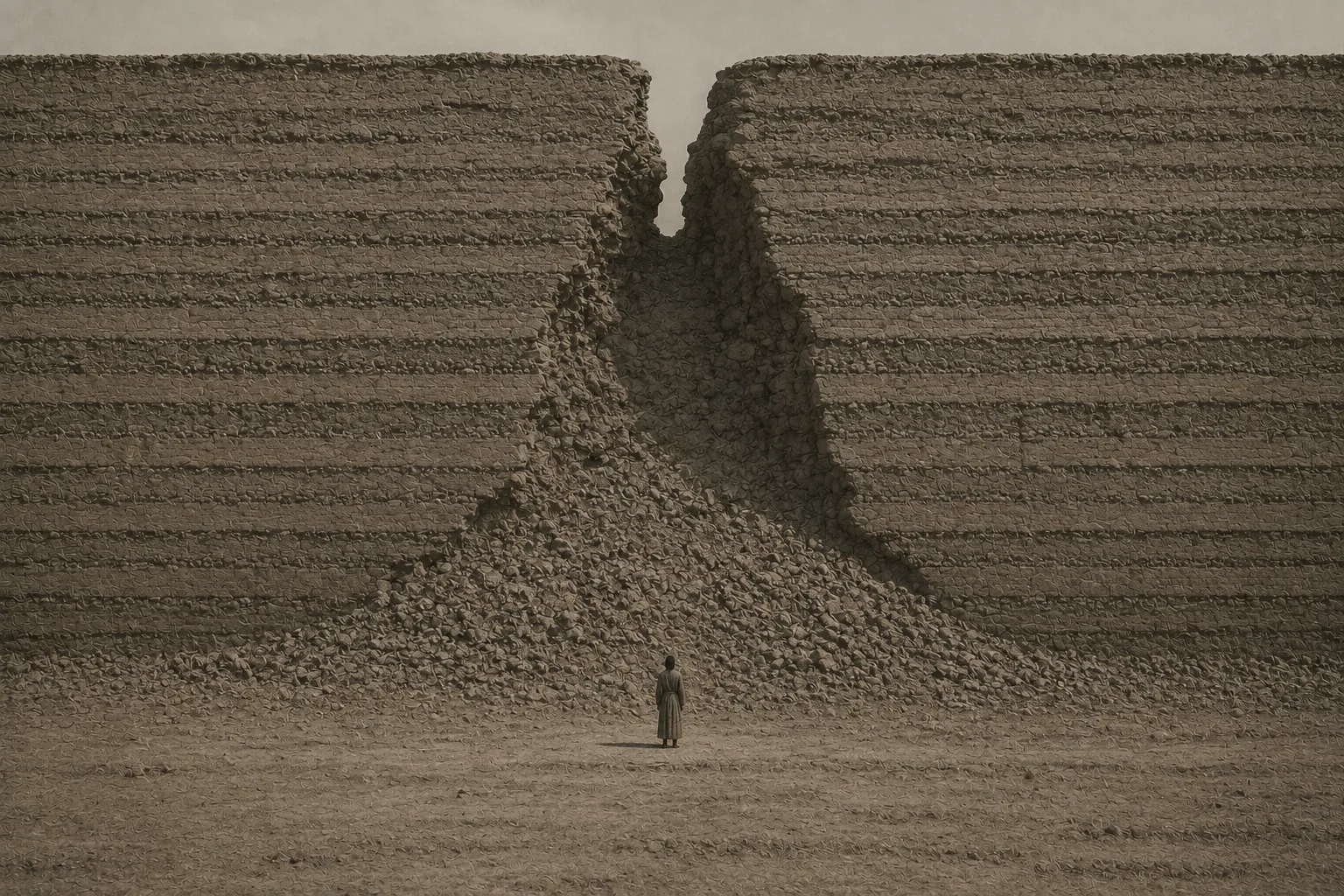 A single small figure in a plain robe standing alone with her back to us, before a collapsed breach in an enormous earth wall, rubble spread in a fan at her feet and the wall running away to both edges of the frame.