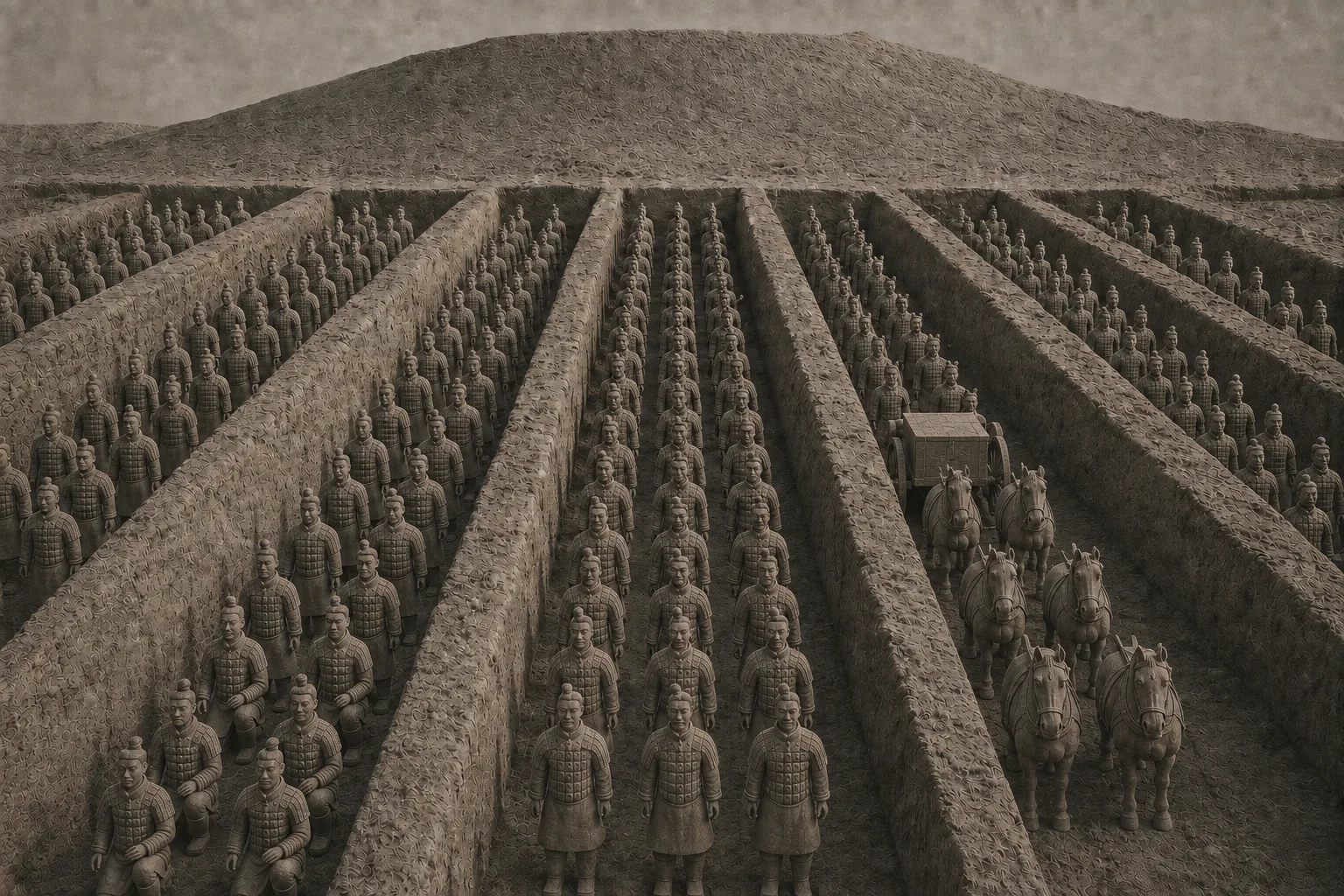 Ranks of life-size grey terracotta soldiers standing in parallel earth corridors below a low mound — infantry, kneeling archers, and chariot horses with a cart — all facing the same way, away from the mound.