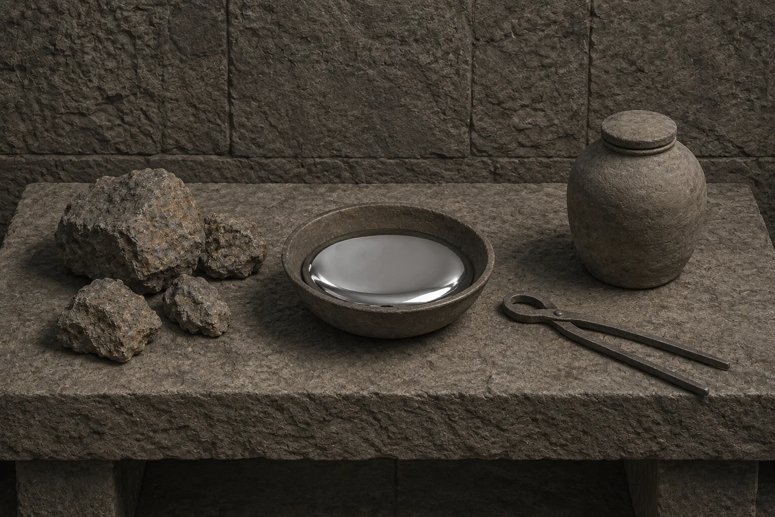 An alchemist’s stone bench with no people at it: lumps of raw cinnabar ore, a shallow bronze dish holding a bright convex pool of mercury, a pair of tongs and a sealed ceramic jar. The mercury is the only bright thing in the frame.