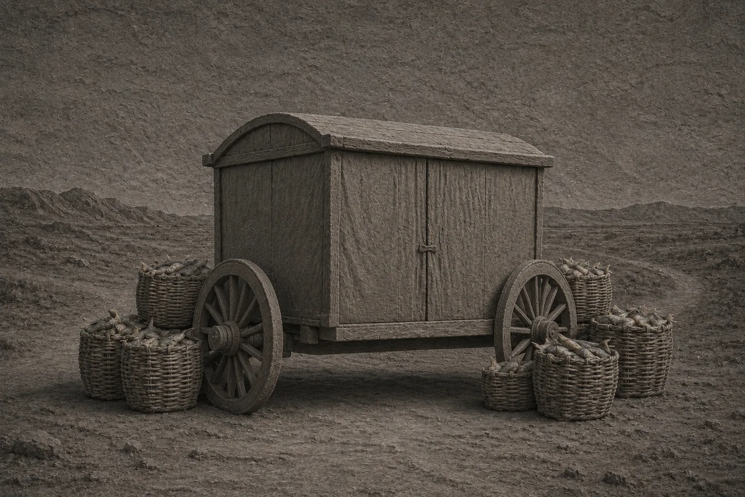 A heavy covered carriage standing on a dirt road with its curtains closed and tied, woven baskets of salted fish stacked against its sides and around its wheels, in empty country with nobody attending it.